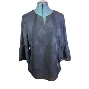 Chico's Lace Trim Dot Texture 3/4 Bell Sleeve Black Blouse Sz 4/6 Chicos 0 Lined